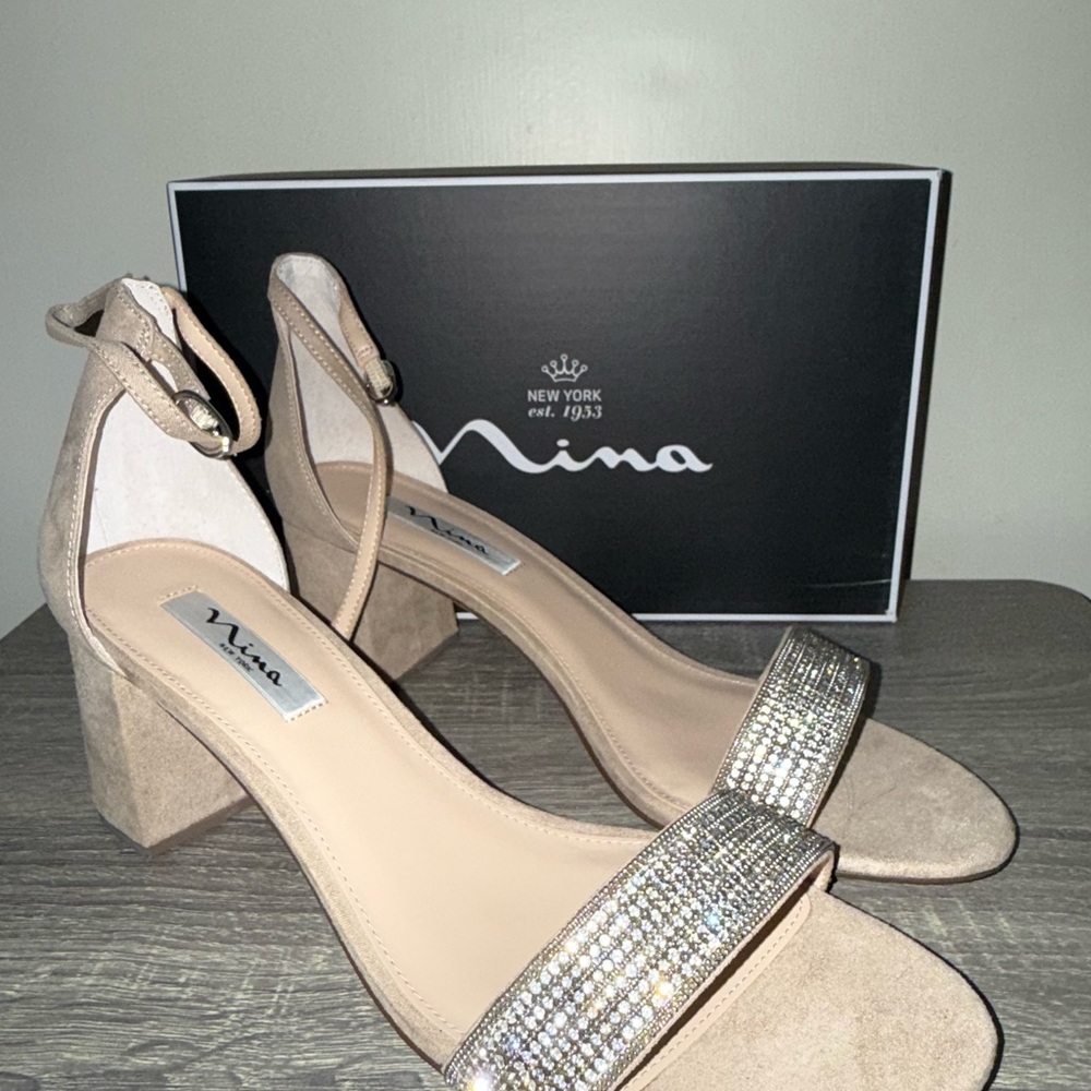 Nina Women's Beige Block Heel Sandals with Rhinestones